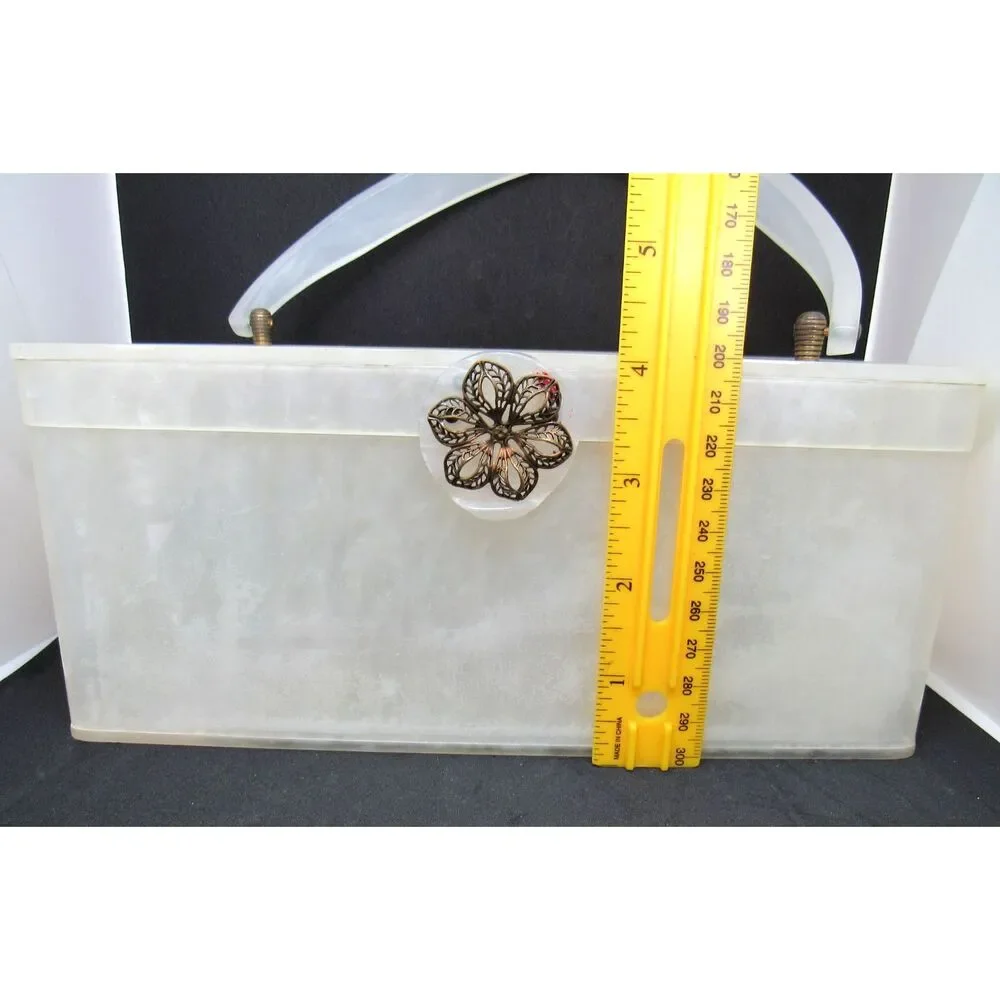 Vintage pearlized lucite purse box filigree clasp 1950 mirrored interior Wilardy